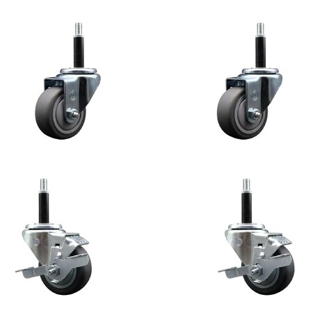 Service Caster 3'' SS Thermoplastic Rubber Wheel Swivel 3/4'' Expanding Stem Caster Set 2 Brakes, 4PK SCC-SSEX20S314-TPRB-2-TLB-2-34